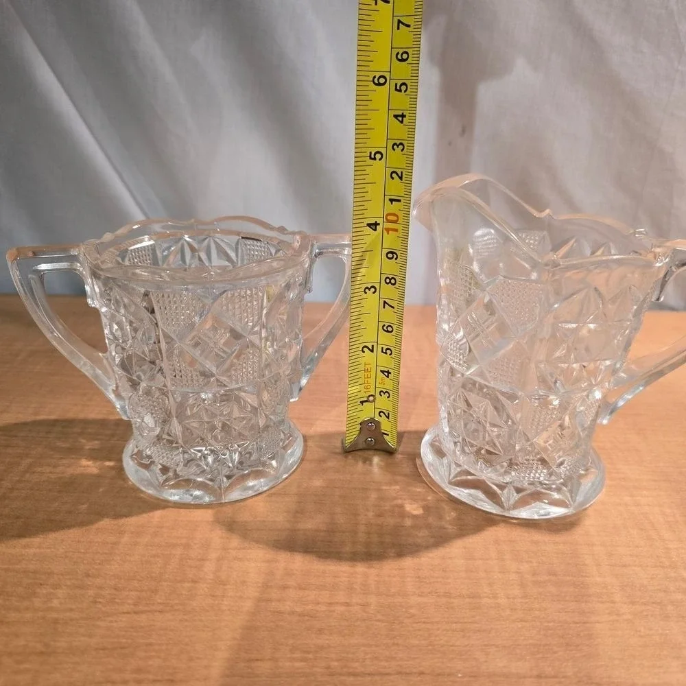 Clear Crystal cream & sugar set HEAVY Etched glass Sunburst Early‎ American